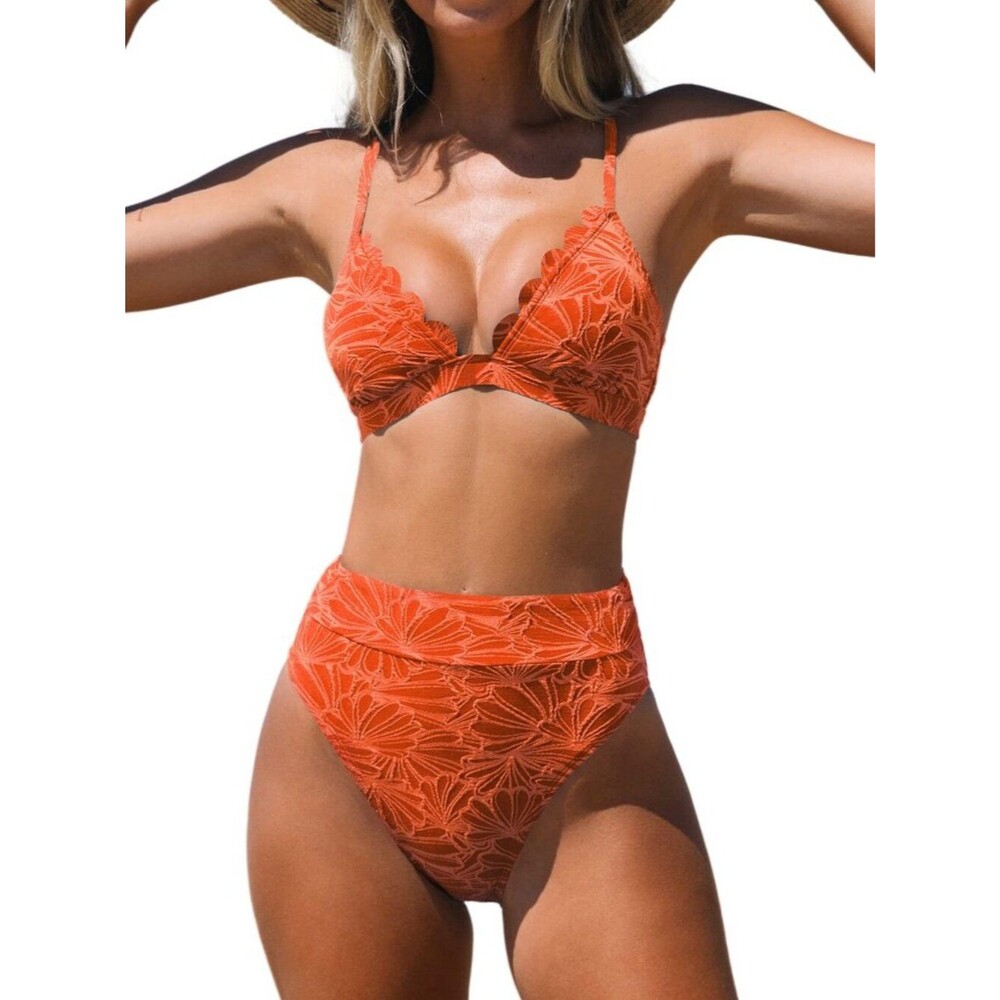 CUPSHE Bikini Set for Women Bathing Suit High Waisted Scalloped V Neck M